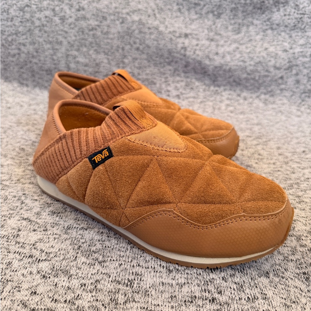 Womens 7 M Teva Ember Moc Pecan Brown Suede Leather Slippers Shearling Fur Lined